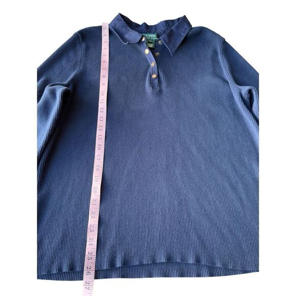 Lauren Ralph Lauren Navy Blue Collard Ribbed Knit Pullover Ling Sleeve top - Picture 9 of 11